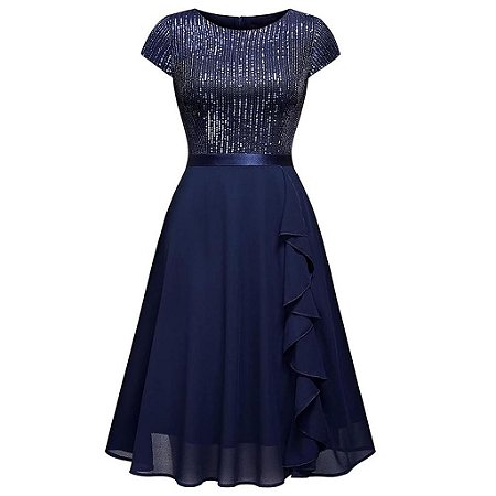 Vestido Corpete Lantejoulas Saia Chiffon Manga Curta Gola Redonda Midi Festa Azul Escuro