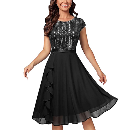 Vestido Corpete Lantejoulas Saia Chiffon Manga Curta Gola Redonda Midi Festa Preto