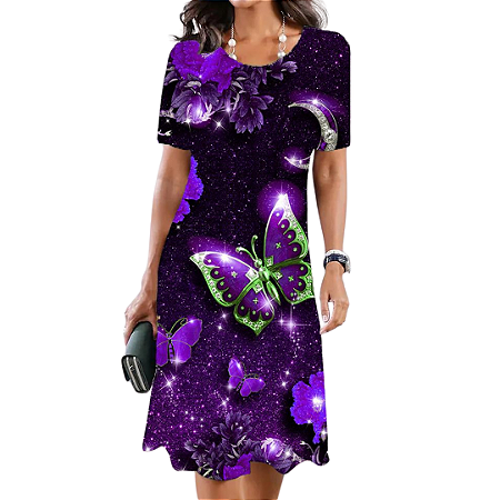 Vestido Feminino Retrô Elegante Midi Estampa Brilho Hippie Moda Urbana Roxo