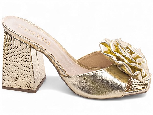Sandália Tamanco Feminino TORRICELLA Salto Bloco 9cm Napa Lezard Flor Ouro Ligth