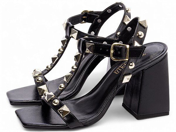 Sandália Feminina TORRICELLA Fivela Tachas Douradas Salto Bloco 9cm Preto