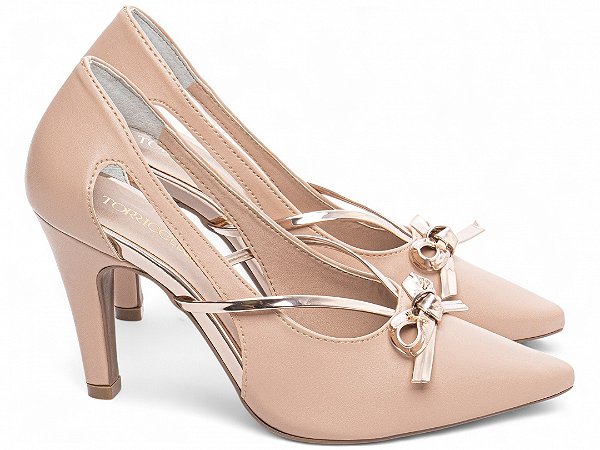 Sapato Scarpin Feminino TORRICELLA Laço Metalizado Specchio Rosê Salto Fino 9cm Napa Rosê
