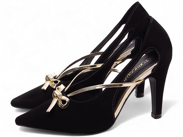 Sapato Scarpin Feminino TORRICELLA Laço Metalizado Specchio Ouro Light Salto Fino 9cm Nobuck Preto