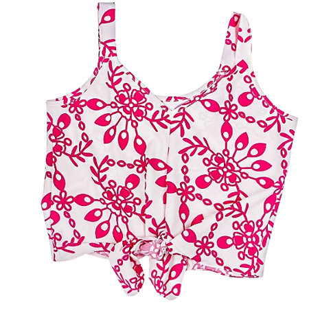 Blusa Regata Feminina com Amarração Estampada Tecido Crepe Rosa e Branco