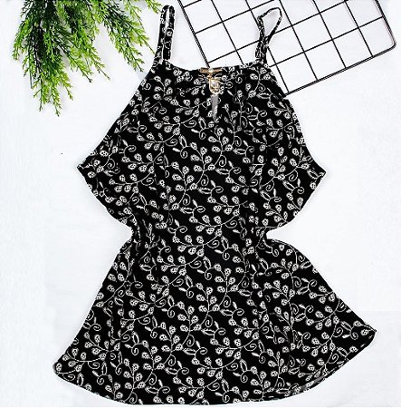 Blusa Regata Feminina Tecido Crepe Alça Fina com Pingente Preto
