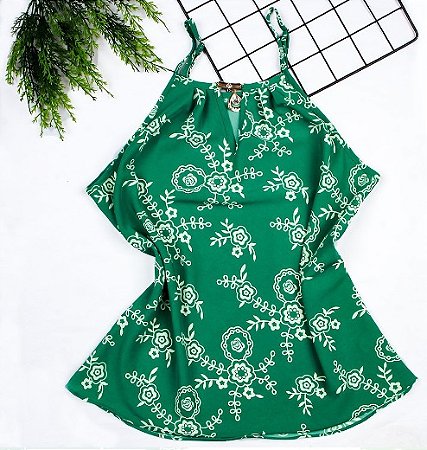 Blusa Regata Feminina Tecido Crepe Alça Fina com Pingente Verde