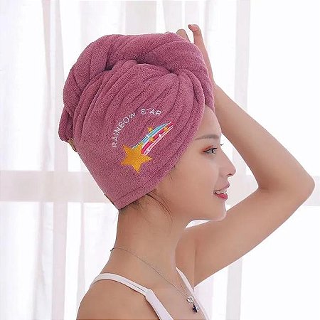 Toalha Feminina para Secagem de Cabelo em Microfibra Felpuda Modelo Turbante Secagem Rápida