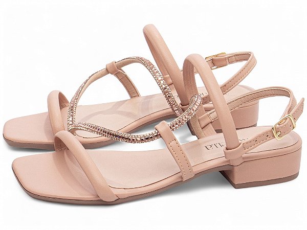 Sandália Feminina TORRICELLA Rosé Detalhes em Strass Rosé Fivela Dourada Salto Baixo