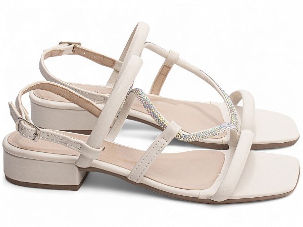 Sandália Feminina TORRICELLA Off White Detalhes em Strass Prata Fivela Prata Salto Baixo