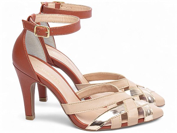 Sapato Scarpin Fivela TORRICELLA Bege e Caramelo Detalhe Metalizado Specchio Ouro Light Salto Fino 9cm