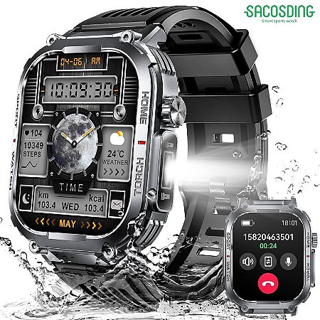 SmartWatch SACOSDING Masculino 3ATM à Prova D'água com Chamada Lanterna LED 2.02" Tela HD Bússola Rastreador Fitness Monitor de Pressão Arterial/HR