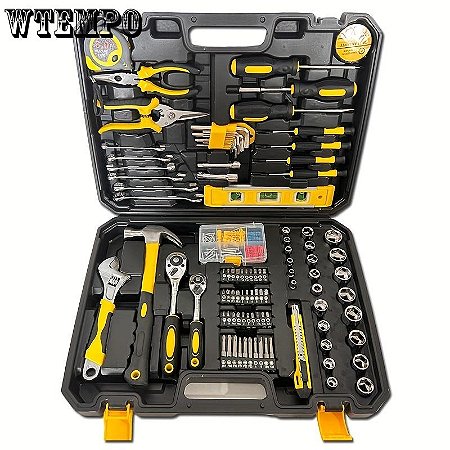 Ferramenta WTEMPO Kit Completo para Reparos Domésticos Automotivos Motocicletas Bicicletas Manuais Duráveis de Aço Carbono Inclui Estojo de Armazenamento Resistente com 118 Peças Preto com Amarelo