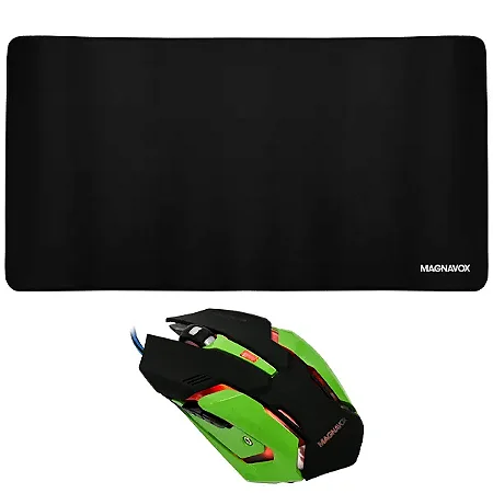 GAMES - Mouse Gaming MAGNAVOX até 2.400 DPI + Mousepad Preto com verde