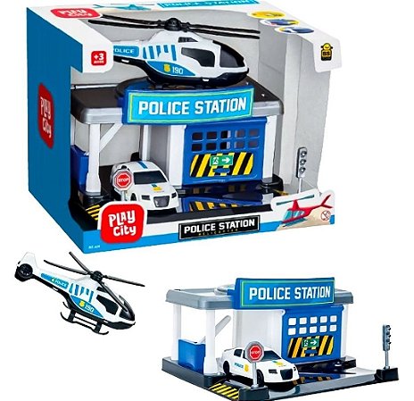 Brinquedo PLAY CITY Estação de Polícia Carrinho e Helicóptero