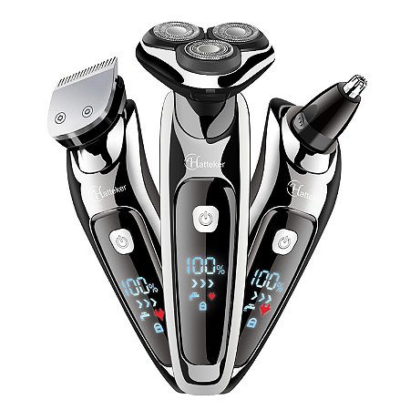 Barbeador Elétrico Hatteker Recarregável sem Fio Máquina de Cortar Cabelo Navalha Elétrica para Homens kit 03 em 01