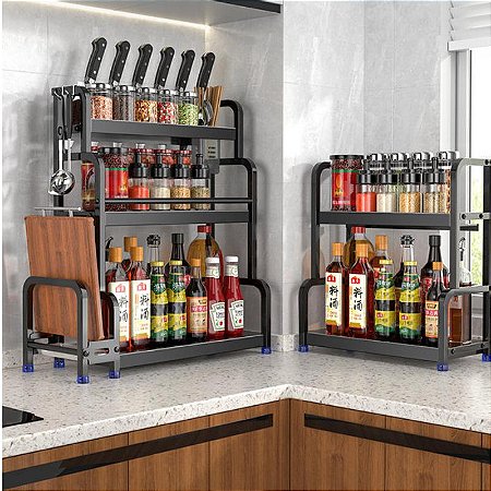 Prateleira de Armazenamento para Cozinha Jarra de Temperos em Aço Inoxidável Especiarias Pauzinhos Facas Organizador de Bar Acessórios com 06 Ganchos com 03 Peças