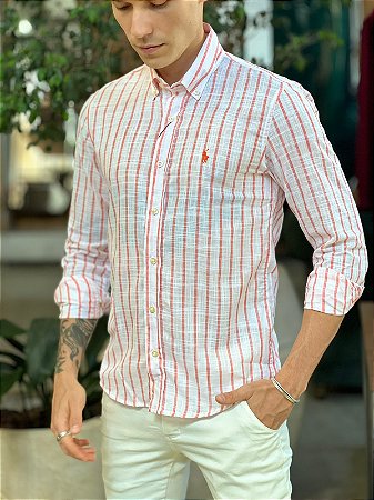 Camisa Listrada Linho R.L Laranja e Branco - New Man Store | Moda Masculina