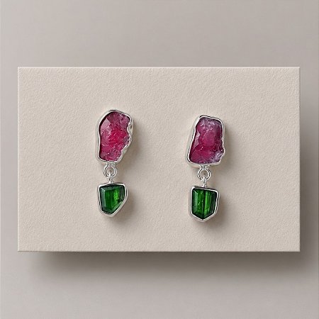 Brinco Prata com Turmalinas Rosa e Verde