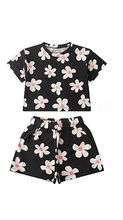 Conjunto Preto com Flores brancas