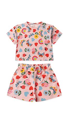 Conjunto rosa flores e borboletas