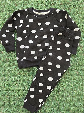 Conjunto moletom Preto com Poá branco