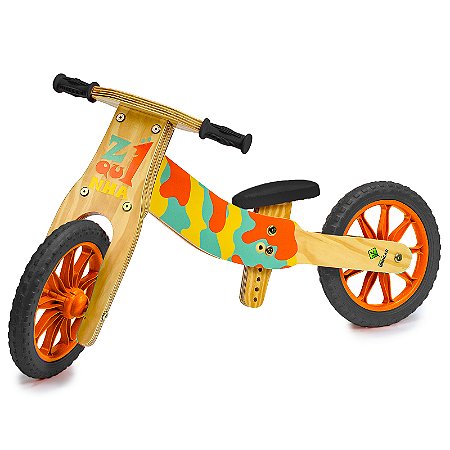 Bicicleta de Equilíbrio 2 em 1 Z1quinha Laranja Madeira de Brincar
