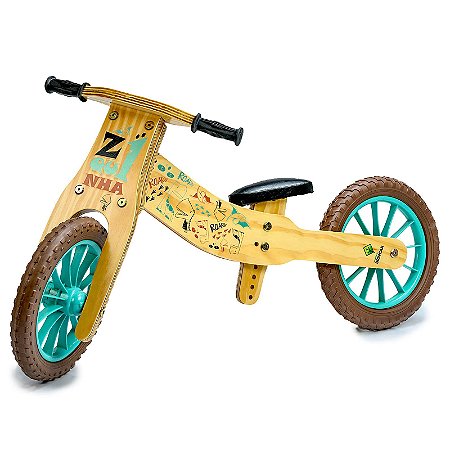 Bicicleta de Equilíbrio 2 em 1 Z1quinha Dino Turquesa Madeira de Brincar