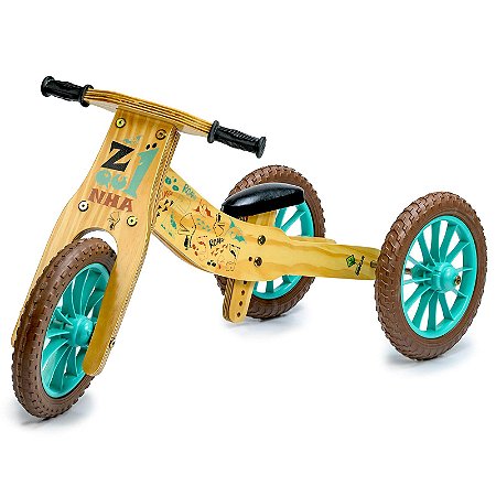 Triciclo 4 em 1 Z1quinha Dino Turquesa Madeira de Brincar