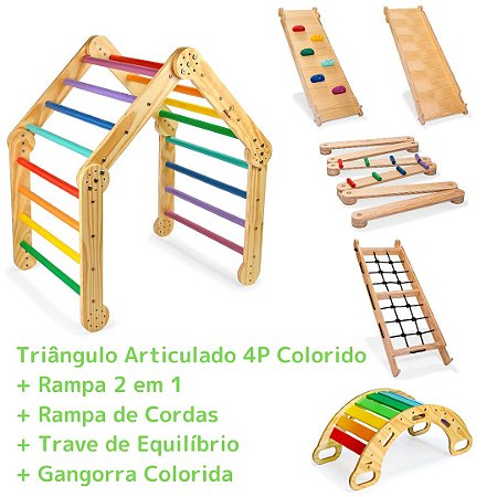 Kit Triângulo Articulado 4P Colorido + Rampa 2 em 1 + Rampa de Cordas + Trave de Equilíbrio + Gangorra Colorida