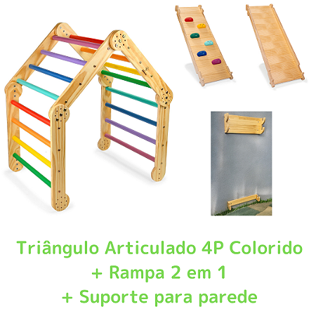 Kit Triângulo Articulado 4P Colorido + Rampa 2 em 1 (6 agarras) + Suporte de Parede