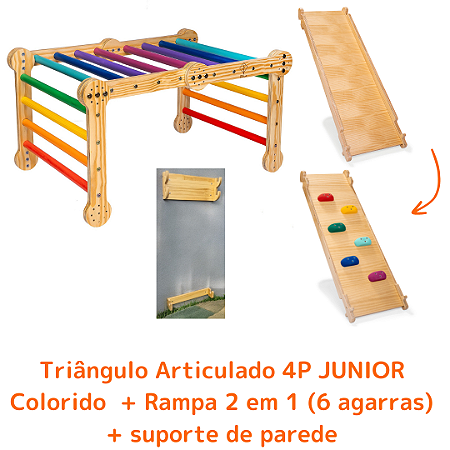 Kit Triângulo Articulado 4P JUNIOR Colorido + Rampa 2 em 1 (6 agarras) + Suporte de Parede