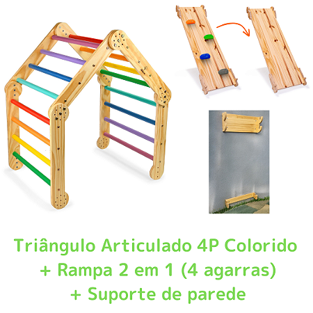 Kit Triângulo Articulado 4P Colorido + Rampa 2 em 1 (4 agarras) + Suporte de Parede