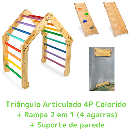 Kit Triângulo Articulado 4P Colorido + Rampa 2 em 1 (4 agarras) + Suporte de Parede