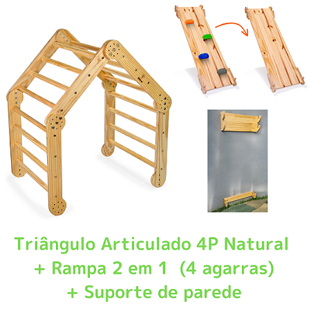 Kit Triângulo Articulado 4P Natural + Rampa 2 em 1 (4 agarras) + Suporte de Parede