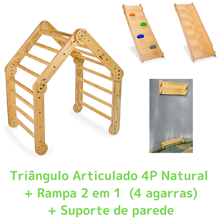 Kit Triângulo Articulado 4P Natural + Rampa 2 em 1 (4 agarras) + Suporte de Parede