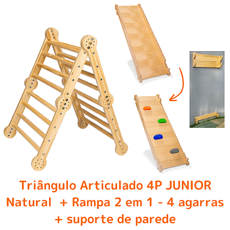 Kit Triângulo Articulado 4P JUNIOR Natural + Rampa 2 em 1 (4 agarras) + Suporte de Parede