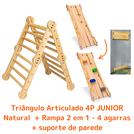 Kit Triângulo Articulado 4P JUNIOR Natural + Rampa 2 em 1 (4 agarras) + Suporte de Parede
