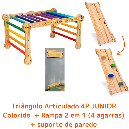 Kit Triângulo Articulado 4P JUNIOR Colorido + Rampa 2 em 1 (4 agarras) + Suporte de Parede