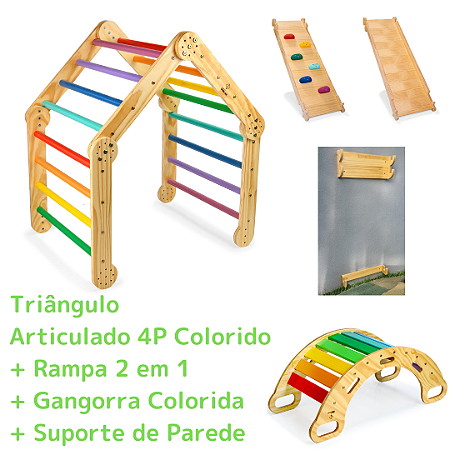 Kit Triângulo Articulado 4P Colorido + Rampa 2 em 1 + Gangorra Colorida + Suporte de Parede