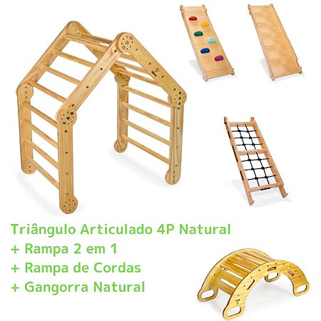 Kit Triângulo Articulado 4P Natural + Rampa 2 em 1 + Rampa de Cordas + Gangorra Natural