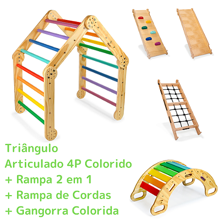 Kit Triângulo Articulado 4P Colorido + Rampa 2 em 1 + Rampa de Cordas  + Gangorra Colorida