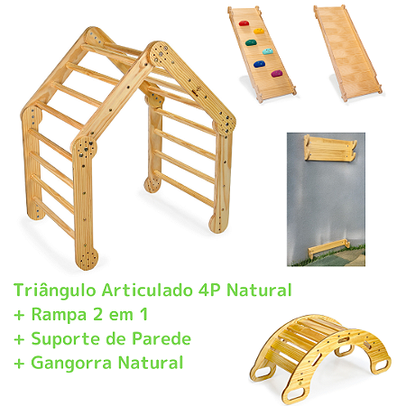 Kit Triângulo Articulado 4P Natural + Rampa 2 em 1 (6 agarras) + Suporte de Parede + Gangorra Natural