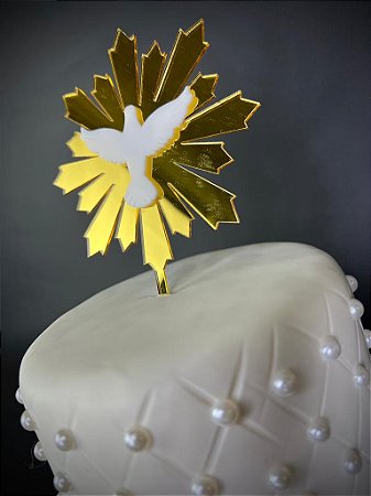 TOPO DE BOLO DIVINO SOBREPOSIÇÃO POMBA ACRILICO DOURADO E BRANCO