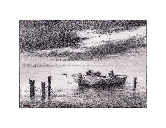 Desenho Barco no ancoradouro ccom pescador