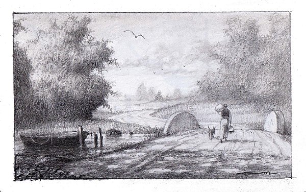 Desenho grafite A estrada e o pescador