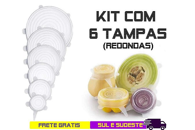 Kit 6 tampas de silicone ultra resistentes Click Cores Sortidas (Redondas)