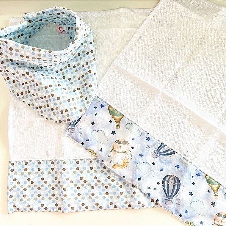 Kit Presente Babador e Fraldinhas de Boca Balões Azul Bolinhas
