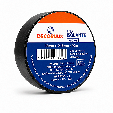 Fita Isolante PVC Antichama 18mm x 10m Preta 600V Decorlux FI0105