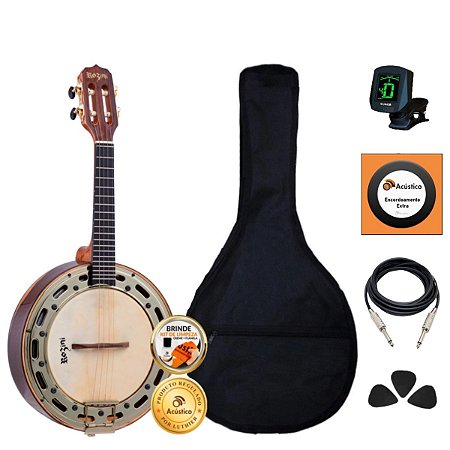 KIt Banjo Rozini Elétrico 4 Cordas Aro Dourado Rj12 Completo