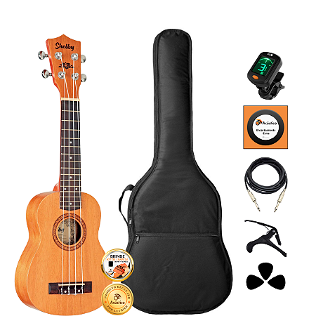 Kit Ukulele Soprano Elétrico Shelby Em Mogno Completo